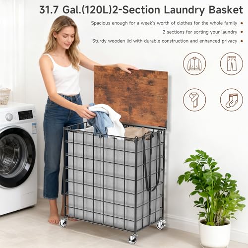 Laundry Basket with Wheels, Heavy Duty Laundry Sorter 2 Sections, Large Capacity 120L (32Gal.) Laundry Hamper with Wood Lid, 360 Rolling Wheels, Extra Side Pocket, Leather Pull Handle, Grey - color: Grey, size: 120L