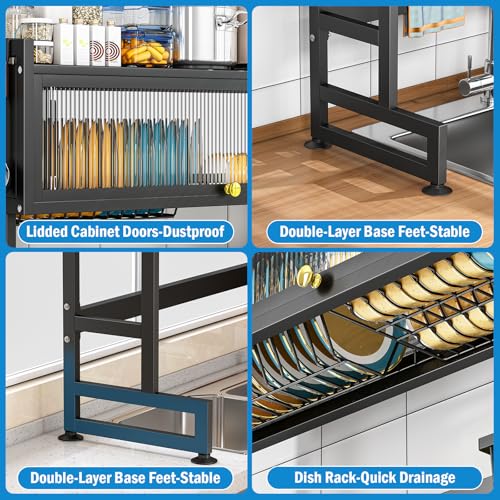 SNSLXH 𝐋𝐚𝐫𝐠𝐞 2-Tier Over The Sink Dish Drying Rack, 33.66"×31.1"×11.81", Large Sink Rack for Kitchen, Saving Kitchen Space, Cover Design Holds Dishes, Bowls, and Cutlery, Kitchen Sink Shelf - size: Standard 2 tiers 3 baskets