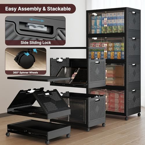 UAMFURI Stackable Storage Bins with Lids, 480QT Closet Organizers, Lockable Storage Cabinet，Foldable Storage Box with Doors and Wheels, Plastic Drawers for Home, Garage, Office (4, Black, Large) - color: Black, size: Large