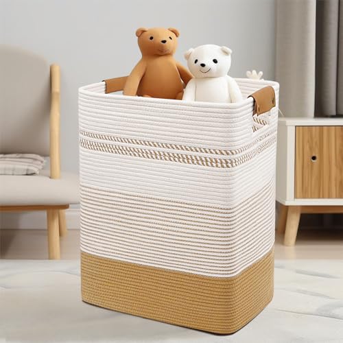 DOFASAYI Laundry Hamper - 85L Large Laundry Basket with Leather Handles, Decorative Storage Basket for Blankets - Clothes Hamper for Living Room, Bedroom, Jute & White - color: Jute & White, size: 85L