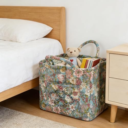 Quilted Laundry Basket with Handles - Multi-Purpose Fabric Storage Basket，Boho Fabric Storage Baskets with Handles for Car, Home & Nursery - Collapsible Square Organizer (Green) - color: Green