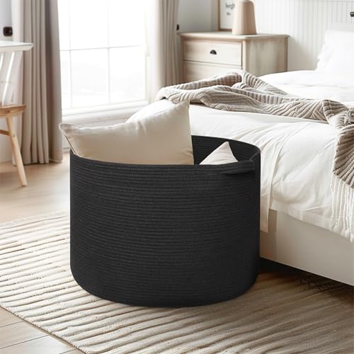 Large Black Blanket Basket, 22"x14" Woven Cotton Rope Baskets for Organizing, Kids Dog Toy Bin Box, Large Wicker Blanket Storage for Living Room, Throw Pillow Holder Organizer, Shoe Towel Bin - color: Black