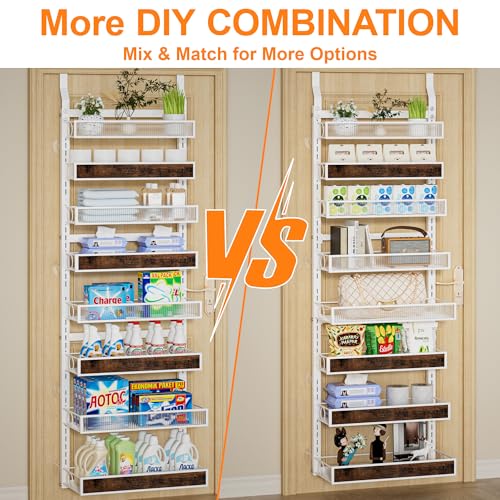 8 Tier Over the Door Pantry Organizer 2 IN 1 Hanging or Wall Mounted Spice Rack with Adjustable Basket,Heavy Duty Seasonning Storage Shelf for Kitchen Pantry and Bathroom - color: White, size: 8 Tiers