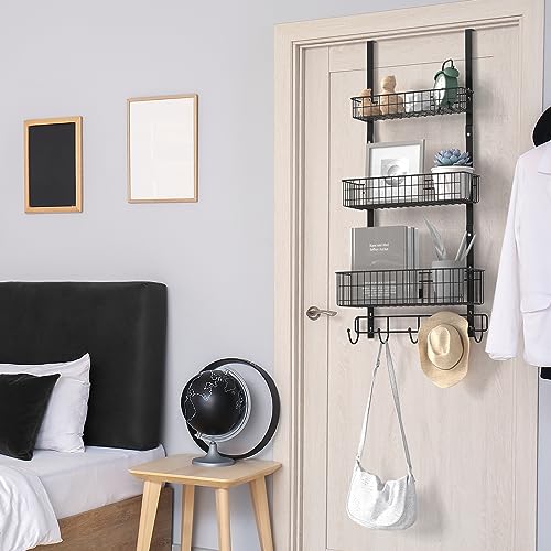 YBING Over The Door Organizer with Hooks 3 Tier Back Towel Hanger Baskets Metal Behind Hanging Storage Shelf Pantry Racks for Bedroom Bathroom Black, R01-R984 - color: Black