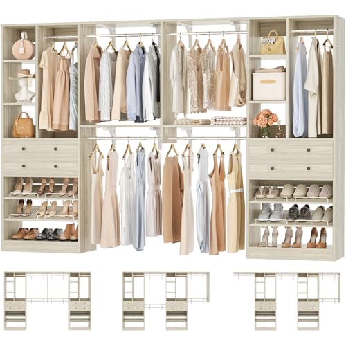 Besiost Closet System - 120"/10FT, 151.2"/12.6FT Closet System with Drawers, Built-in Closet Organizer System with Reversible Hanging Shelving and Hanging Rods, for Walk-in Closets, Greige Oak - color: Greige Oak, size: 10FT