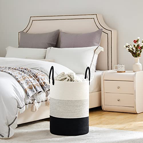 VIPOSCO Large Laundry Hamper, Tall Woven Rope Storage Basket for Blanket, Toys, Dirty Clothes in Living Room, Bathroom, Bedroom - 58L White & Black - color: White & Black, size: 58L