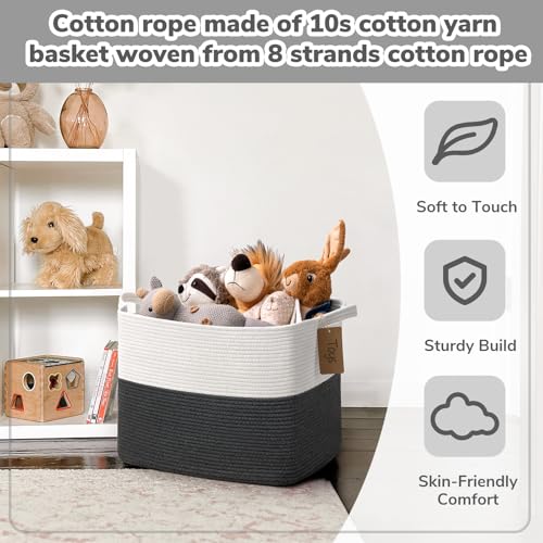 Goodpick Woven Storage Baskets for Organizing, 18" x 14" x 12" Baby Laundry Blanket Toy Basket for Living Room, Rectangle Cotton Rope Baskets with Handles, Dark Gray - color: Dark Gray, size: 18"L x 14"W x 12"H