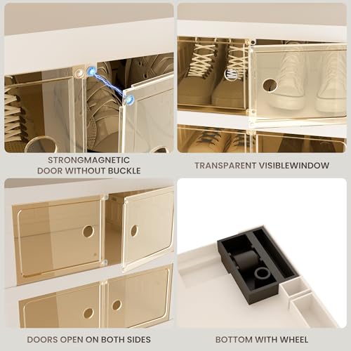 Foldable Shoe Organizer Storage Box, Portable Extra Large Folding Shoe Rack for Closet, Shoe Storage Box with Magnetic Transparent Door and Wheels, 9 Layers 18 Grids with 2 Big Grids - size: White 9 Layers-B