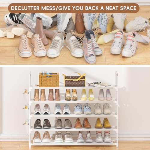 OYREL 5 Tier Shoe Organizer, 33.3in Wide x 11.2in Deep x 35.6in Tall, Black Metal and Plastic Shoe Rack with Side Bag, Holds 20-25 Pairs of Shoes - color: White, size: 5 Tier