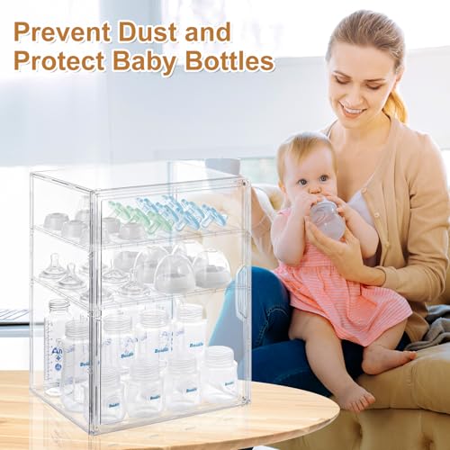 ERTIUANIO Baby Bottle Organizer – 3 Tier Bottle Storage Organizer Baby for Nipples, Pump Parts, Food Jars – Clear Acrylic Bottle Station Organizer for Countertop and Kitchen, Gifts for New Mom - size: X-Large, style: 3-Tier Single-Door