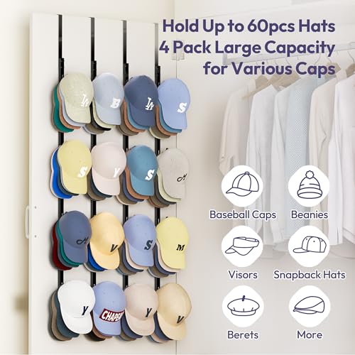 SWTYMIKI Over Door Hat Rack - 4 Packs Metal Hanging Hat Organizer with 16 Hooks Design, Baseball Cap Hanger Organizer Storage Holds up to 80 Caps for Door, Bedroom, Closet - color: black, size: 4 Pack