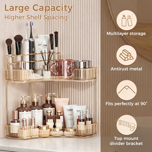 BEFSOP Corner Bathroom Counter Organizer, Upgraded 2-Tier Makeup Organizer Countertop with Makeup Brush Holder, Skincare Exquisite Vanity Organizers Countertop Bathroom Storage Dresser(GOLD) - color: Gold, size: 2 Tier