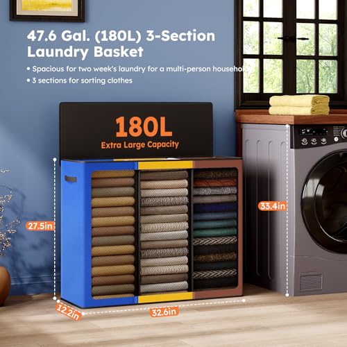 SOLEDI 180L Laundry Hamper 3 Section, Extra Large Laundry Hamper with Lid, Dirty Clothes Hamper with Sturdy Handle, Large Laundry Basket Organizer for Laundry Room, Bedroom, Hampers for Laundry - color: Blue/Yellow/Brown, size: 180L
