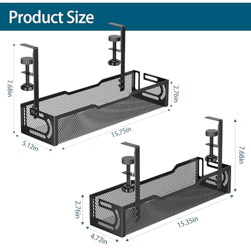 2Pack Under Desk Cable Management Tray, No Drill Mesh Desk Cable Tray, Wire Management Tray Cable Management Rack, Wire Organizer and Cable Management Box (Black) - color: 2Pack-Black (15.3''+15.7'')