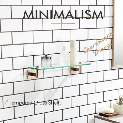 KOKOSIRI Wall Shelves Bathroom Hardware Glass Floating Shelf Small Hanging Rack Storage/Room Decor 16-Inch Champagne Bronze 2 Pack B1105CPG-L16-P2 - color: Champagne Bronze, size: 16-Inch(2 Pack)