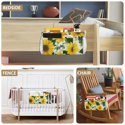 Cute Yellow Sunflowers and Dragonflies Bedside Caddy for Dorm Bed Bedside Hanging Caddy Bag Iron Frame Storage Organizer Pocket for Bunk Home College Hospital Beds 2 Hooks