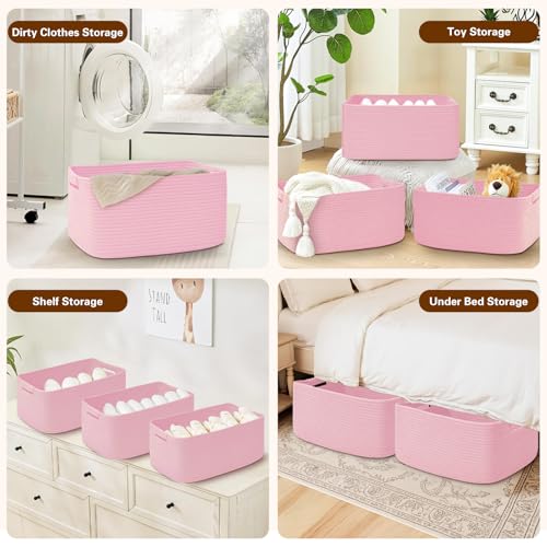 2 Pack Large Storage Basket for Organizing, 17.5"x13"x7" Woven Basket for Shelves, Closet Cube Storage Bins with Wrapped Handle, Cotton Rope Baskets for Kitchen, Clothes, Toys(Light Pink) - color: Light Pink, size: 2 Pack