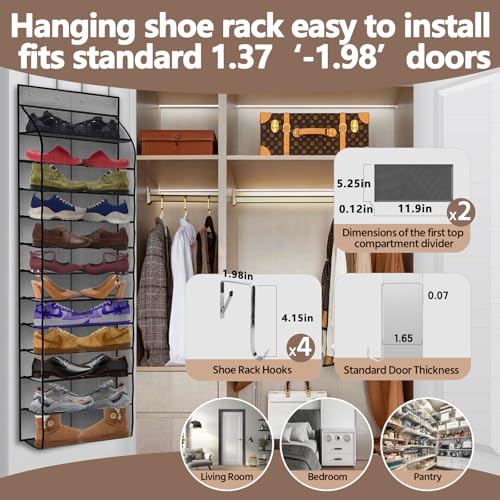PAULONE 12 Pocket Over the Door Shoe Organizer,Reusable Breathable Large Mesh Bag Men's & Women's Sneaker Organizer,Shoe Organizer for Kids,Hanging Shoe Storage Hanging Bag (Grey) - color: 12th Floor Grey