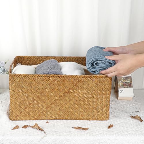 Hipiwe Seagrass Storage Baskets Bin for Shelf,X-Large Handwoven Wicker Baskets Built-in Handles Rectangular Closet Bedroom Organizer Box Multipurpose Pantry Basket,Caramel Color - color: Caramel, size: X-Large,16.1"x11.8"x7.7"