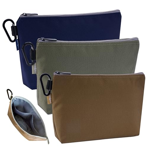 Tool Pouch Zipper Small Tool Bag Pouches Organizer Bag with Metal Carabiner, Nylon 1680D Heavy Duty for Wrenches, Screwdrivers & Office Supplies, Pack of 3, Green, Khaki, Blue, 11 Inch - color: 3 Pack, 11" Blue, 11" Khaki, 11" Green