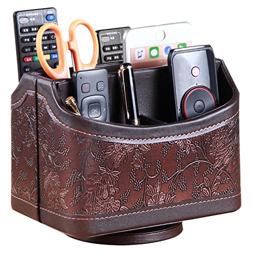 PUSU Leather 360°Rotatable Remote Control Holder,Nightstand TV Remote Caddy,Office Supplies Desktop Organizer,Spinning Storage Box for Pen,Mail,Phone,DVD, Blu-Ray, Media Player, Heater Controllers - color: 1 Retro