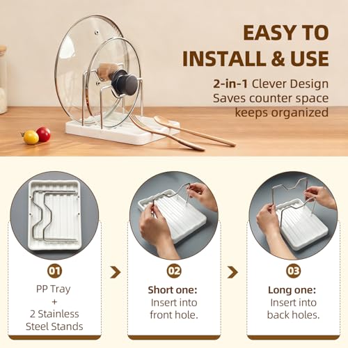 2 in 1 Pot Lid Holder & Spoon Rest for Kitchen Counter, Plastic Utensil Rest with Stainless Steel Pan Lid Holder Organizer While Cooking, Countertop Space Saving Pot Cover Rack | Easy to Clean - color: White- 1 Pack