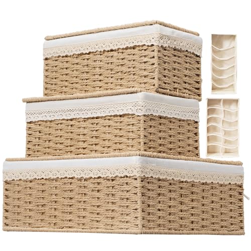 Nonam Large Basket with Lid set of 3, Rattan Divided Baskets Organizer for Shelf, Natural Wicker Storage Basket Bins for Closet, Boho Shelf Decor Covered Basket Home Storage Container - color: Divided Paper* Set of 3