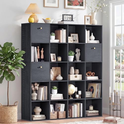Large Cube Storage Organizer Unit, 20 Open Shelves Bookcase with 3 Drawers, Black Wood Grain Shelf for Living Room, Entryway, Black Bookshelf, Book Case, Freestanding Display Rack for Office - color: Black, size: 20 Cube