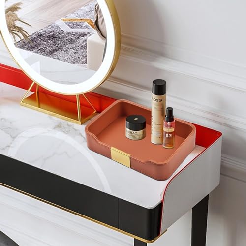 Luxury Leather Valet Tray Desktop Storage Organizer,Bedside Vanity Catchall Tray Nightstand Caddy Holder for Cosmetic,Jewelry,Watch,Keys,Phone,Wallet,Remote Controller,Pen,Orange - color: Orange