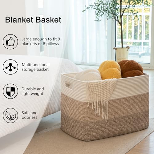 OIAHOMY 118L Extra Large Blanket Basket, Rectangle Woven Cotton Rope Storage Basket,Used for storing Dirty Clothes, Stuffed Animal Toy Storage for Living Room,Kids Room,25" x 17" x 16", Gradient Brown - color: Gradient Brown