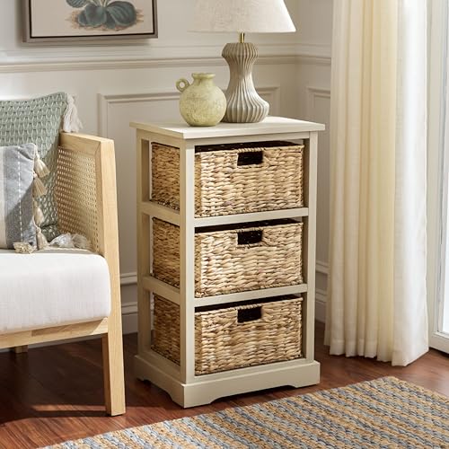 SAFAVIEH Home Collection – Halle Sand 3-Drawer Basket Storage Side Table, Coastal Accent Design, Fully Assembled (AMH5738G) - color: Sand