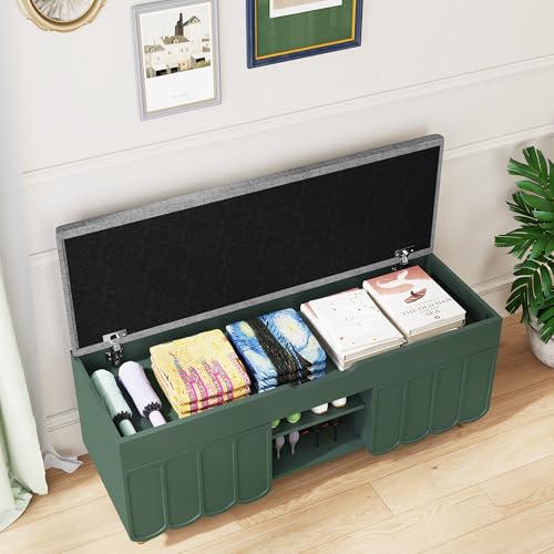 3More 40" Entryway Shoe Storage Bench,Upholstered Hidden Space Beneath Seat Cushion Bench,2-Tier Unique Geometric Shape with Wood Grain,Green - color: Green