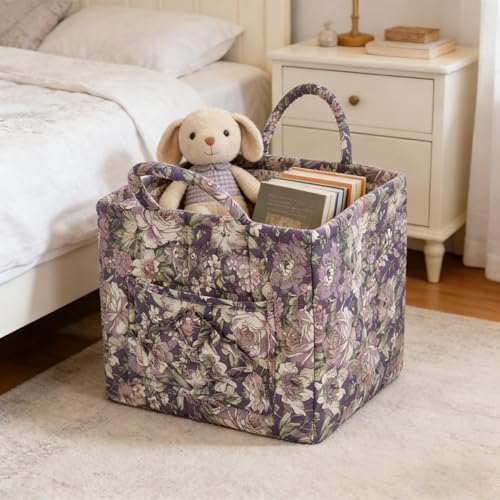 Quilted Laundry Basket with Handles - Multi-Purpose Fabric Storage Basket，Boho Fabric Storage Baskets with Handles for Car, Home & Nursery - Collapsible Square Organizer (Purple) - color: Purple