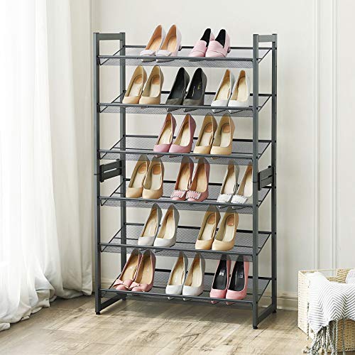 SONGMICS Shoe Rack, 3-Tier Shoe Organizer, Metal Shoe Storage for Garage, Stackable Shoe Shelf, with Adjustable Flat or Angled Shelves, 9-12 Pairs, Charcoal Gray ULMR03GB - color: Charcoal Gray, size: 3 Tiers (29.1''W)