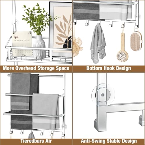 Aetyord Towel Racks for Bathroom Over The Door Towel Rack Towel Storage with Metal Shelf Basket and Hooks Silver - color: Silver-1