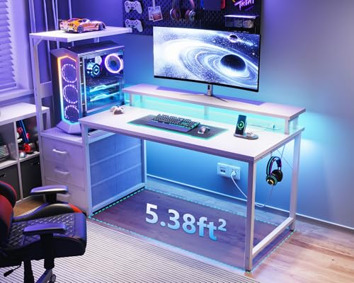 AODK 52 Inch Gaming Desk with USB Charging Ports & LED Light- Reversible Computer Desk with Storage Shelves & Monitor Stand, Modern Gamer Desk Table with Fabric Drawers, White - color: White, size: 52 inches
