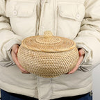 Hipiwe Round Rattan Basket Box with Lid Hand-Woven Wicker Basket Bin Tray Multi-Purpose Picnic Food Bread Storage Basket Decorative Box for Home Bathroom Shelf Organizing, Small - size: Small,7.9"D x 4.1"H