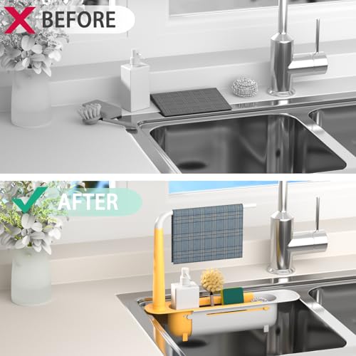 Telescopic Sink Storage Rack with 2 Sponge - Sink Caddy Sponge Holder for kitchen sink (Yellow) - color: Yellow