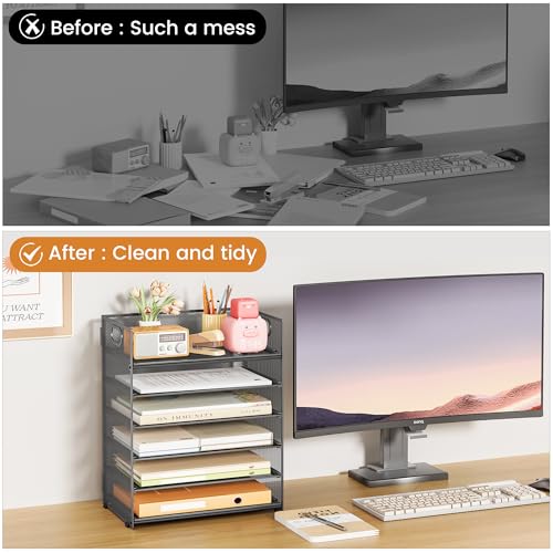 Subekyu 6-Tier Desk Paper Organizer, Desktop File Letter Tray with Handle, Document Sorter and Accessories Holder for Office, Home and School Workspace Organizers, Gray-2 Pack - color: 2 Pack 6-tier - Gray