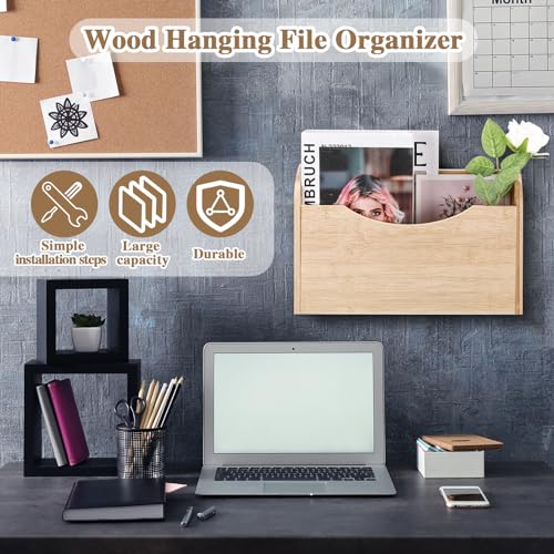 Suzile Wall Mounted File Holder Wood Magazine Holder Wall Hanging File Organizer for Office Mail Magazine Letter Paper Folder Organization (Wood Color)