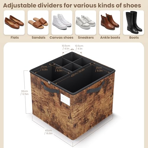 Varhomax Shoe Organizer Box for Closet, Fabric Shoe Storage Bin with Adjustable Dividers & Clear Cover, Holds up 16-32 Pairs of Sneakers & Sandals for Entryway, Cubby (Rust Brown) - color: Rust Brown-1 Pack