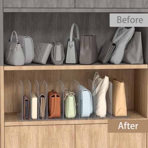 SortNStore Bag & Purse Organizer for Closet: Adjustable Clear Handbag Storage Shelf - Plastic Clutch Dividers for Closet Organizers and Storage - Keep Carteras & Pocketbook Upright - color: Clear, size: 2 Bases+7 Dividers