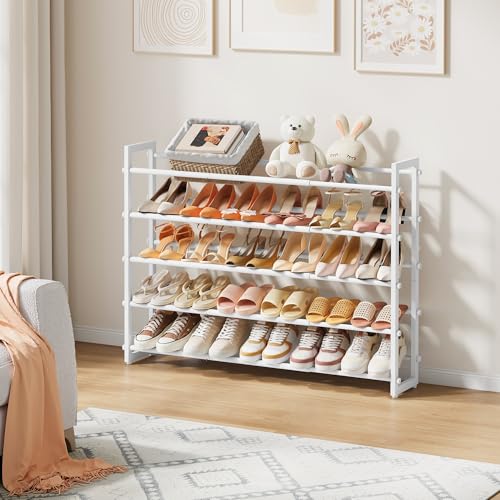 FAVOOSTY 3-Tier Expandable Shoe Rack, Adjustable Shoe Shelf Storage Organizer Space Saving Metal Free Standing Shoe Rack for Entryway Closet Doorway, Silver Grey (White, 5 Tier) - color: White, size: 5 Tier