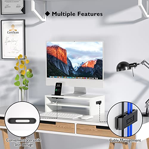 BONTEC Wooden Monitor Stand Riser, 2-Tier Desk Shelf with Storage Organizer, Ergonomic Computer Stand with Cable Management, Cellphone Holder, White, 16.5 Inch - color: White, size: 16.5 inch