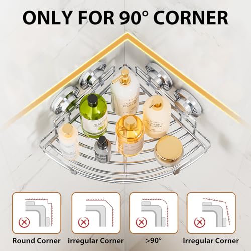 LEVERLOC 2 Pack Powerful Suction Cup Corner Shower Caddy, Stainless Steel Rustproof Shower Shelf with Hooks, Drill-Free Wall Mounted Bathroom Organizer, Large Capacity Removable Suction Basket, Silver - style: Corner Caddy, Silver