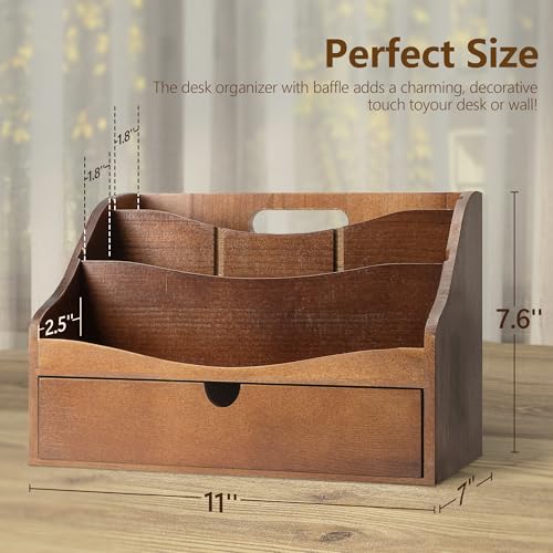 Rebee Vision Pine Wood Mail Organizer for Desk - Retro Farmhouse Mail Holder with Drawer & Dividers - 4-Slot letter paper & Jewelry Sorter, Countertop Mail Organizer for Office Decor(Brown) - color: B-Brown