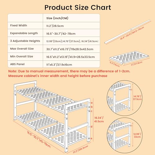 Under Sink Organizer and Storage 16.5"-30.7" Expandable Length, Adjustable Height Max 16.7" Under Sink Shelf 2 Tier with Removable ABS Panels Metal Frame for Bathroom Kitchen Pantry Cabitnet Pot Pan