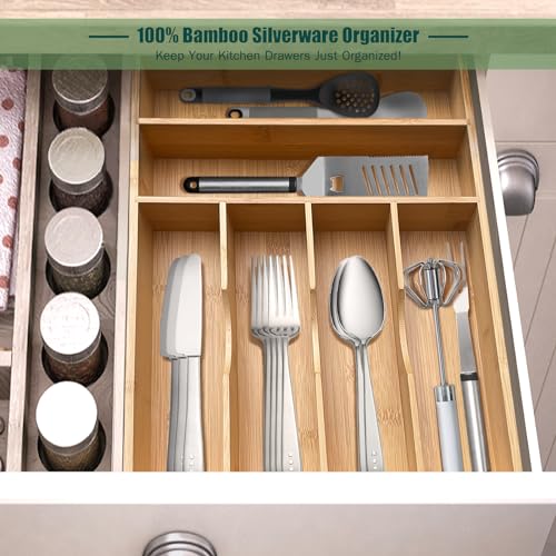guiogc Bamboo Kitchen Drawer Organizer, 11.6" W x 17" H Silverware Utensil Tray Holder, Wood Cutlery Tray for Silverware, Flatware, Bedroom, Organization of office supplies - size: 11.6"Wx17"D(6-Slots)
