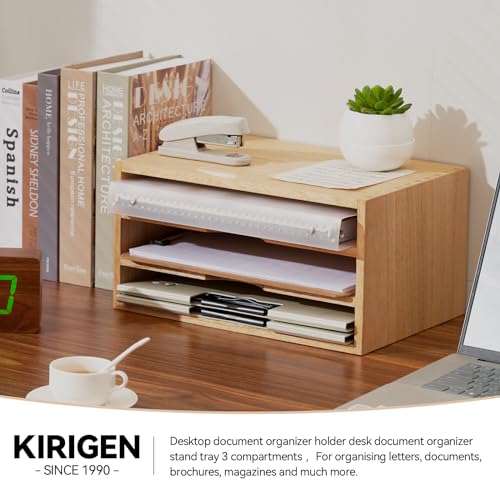 KIRIGEN Wooden Desktop Organizer Paper Storage Letter Tray File Sorter - Desk Rack Magazine File Dividers Holders for Home Office Accessories Wood Desk Cabinet with 3 Layer Trays Natural(3KWJG-NA) - color: Natural, size: 3 layer-0 drawers