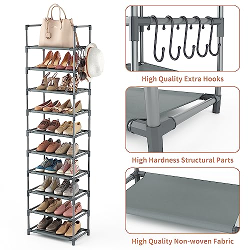 LANTEFUL 10 Tiers Tall Shoe Rack 20-25 Pairs Boots Organizer Storage Sturdy Narrow Shoe Shelf for Entryway, Closets with Hooks, Grey - color: Grey, size: 10 Tier-68" High-17" Wide
